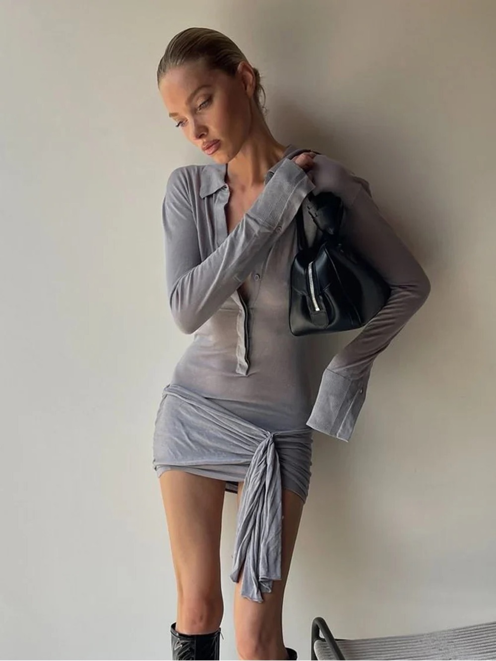 Lioness Gray Long-Sleeve Tie-Waist Mini Dress